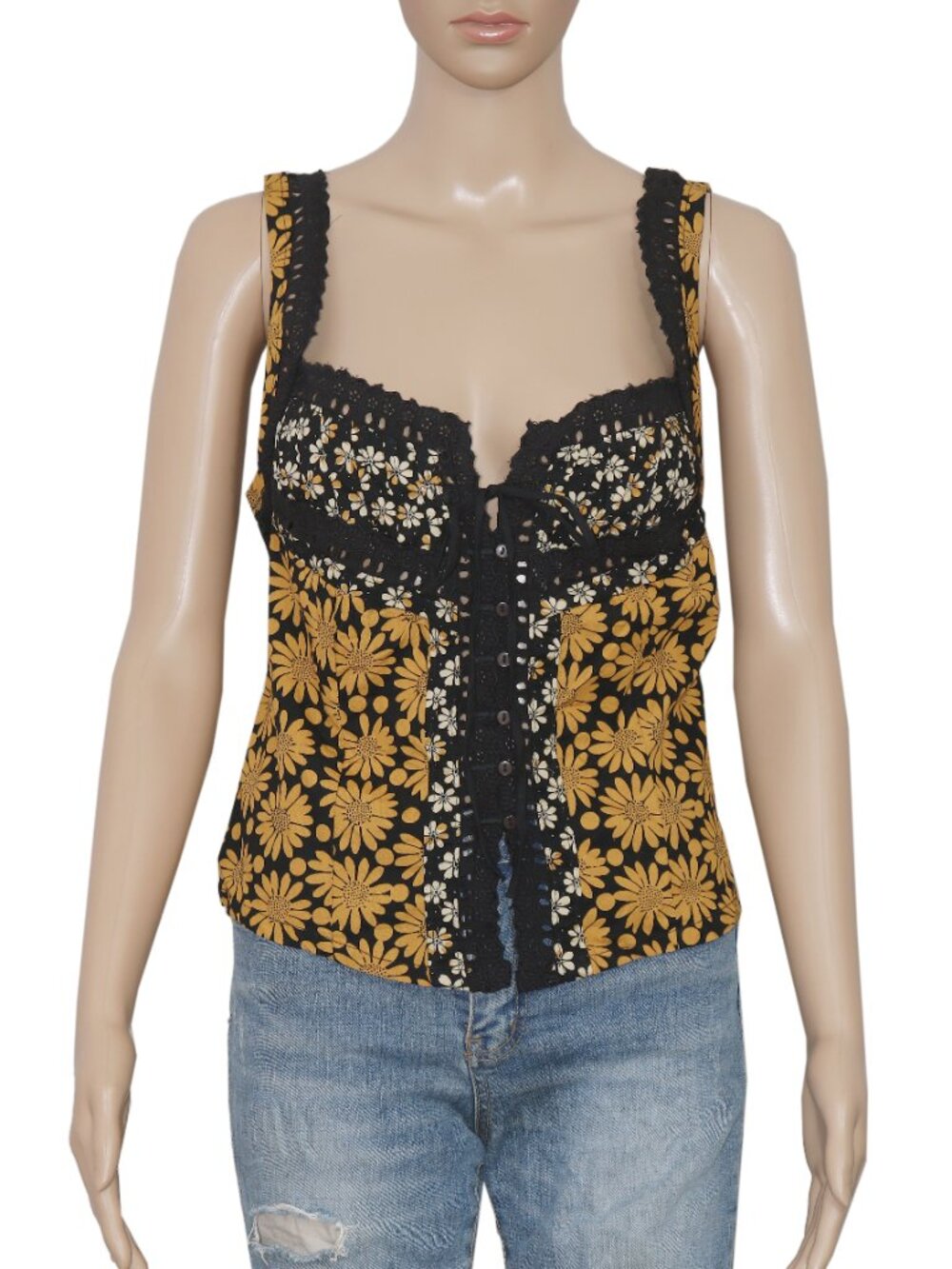 Free People Love Me Not Printed Tank Top Floral Printed Lace Smocked S - Picture 3 of 7